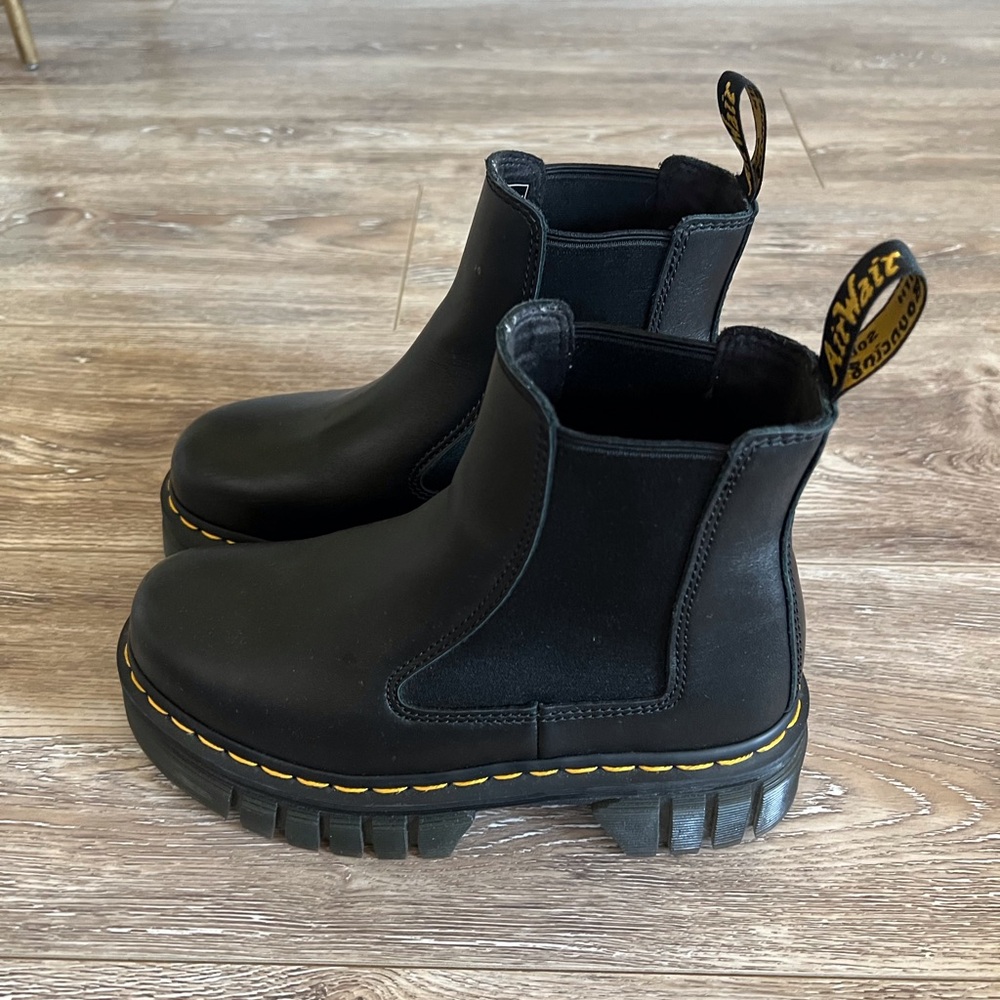 Dr. Martens Black Leather Chelsea Booties with Yellow Stitching - Picture 4 of 4